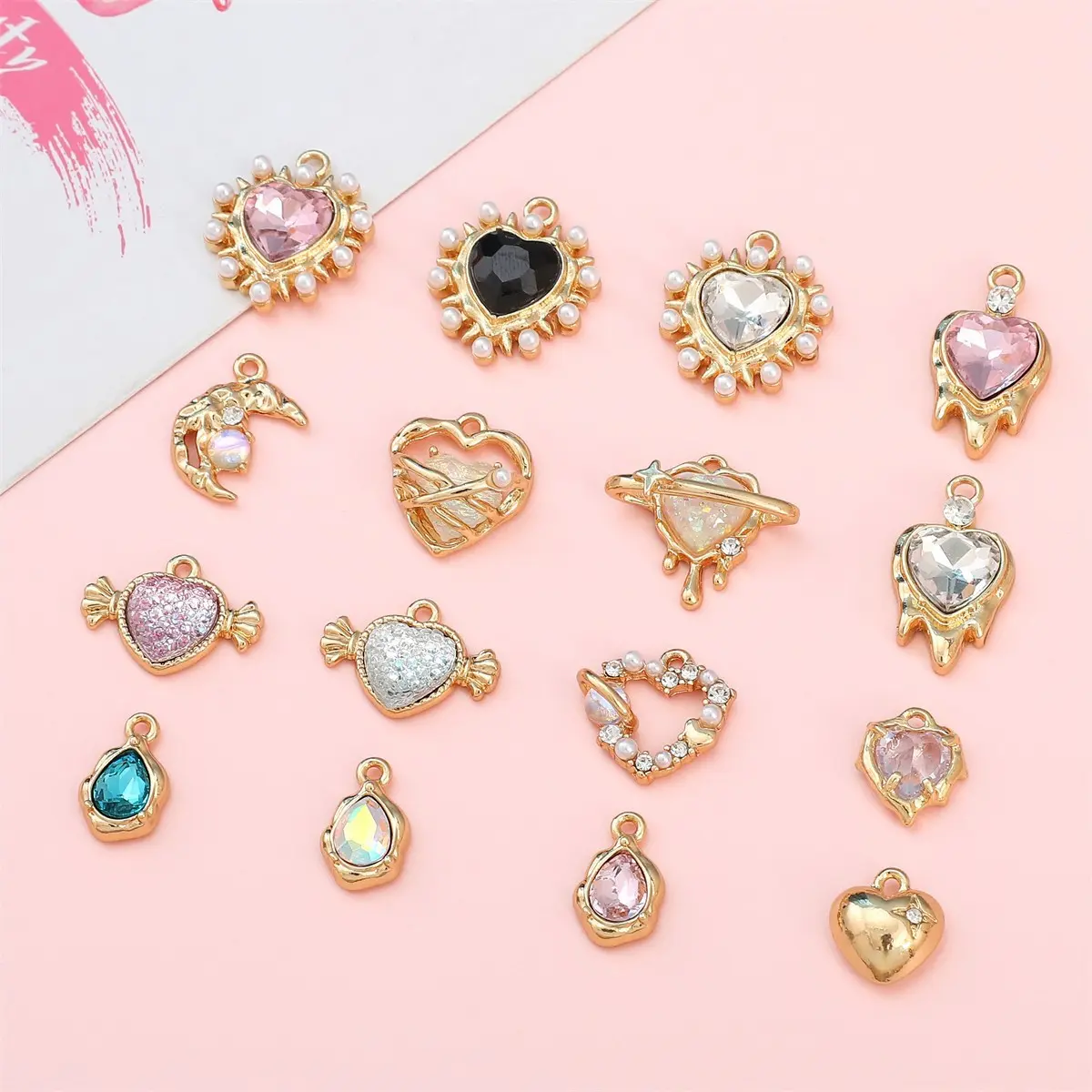 ab彩合金镶钻珍珠爱心吊坠 手工制作耳饰项链材料串珠手链配件