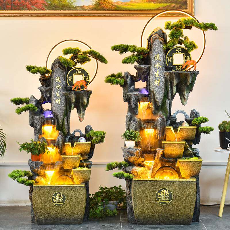 大型落地假山流水喷泉摆件客厅生财风水轮加湿器高山循环水景装饰