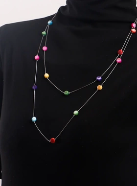 欧美饰品 长款双层流苏彩色锆石项链女 毛衣链ins金属风项饰