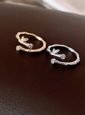 真金电镀锆石竹叶竹节开口戒指小众设计感食指戒简约高级感手饰女