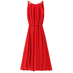 2020新夏季 波西米亚海边度假大裙摆吊带长裙子 沙滩雪纺连衣裙大码