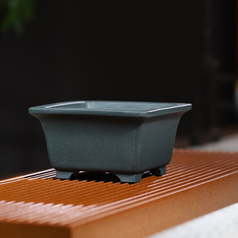 清香阁紫砂 原矿墨绿泥平口四方盆 手工桌面小桩盆景盆室内绿植花