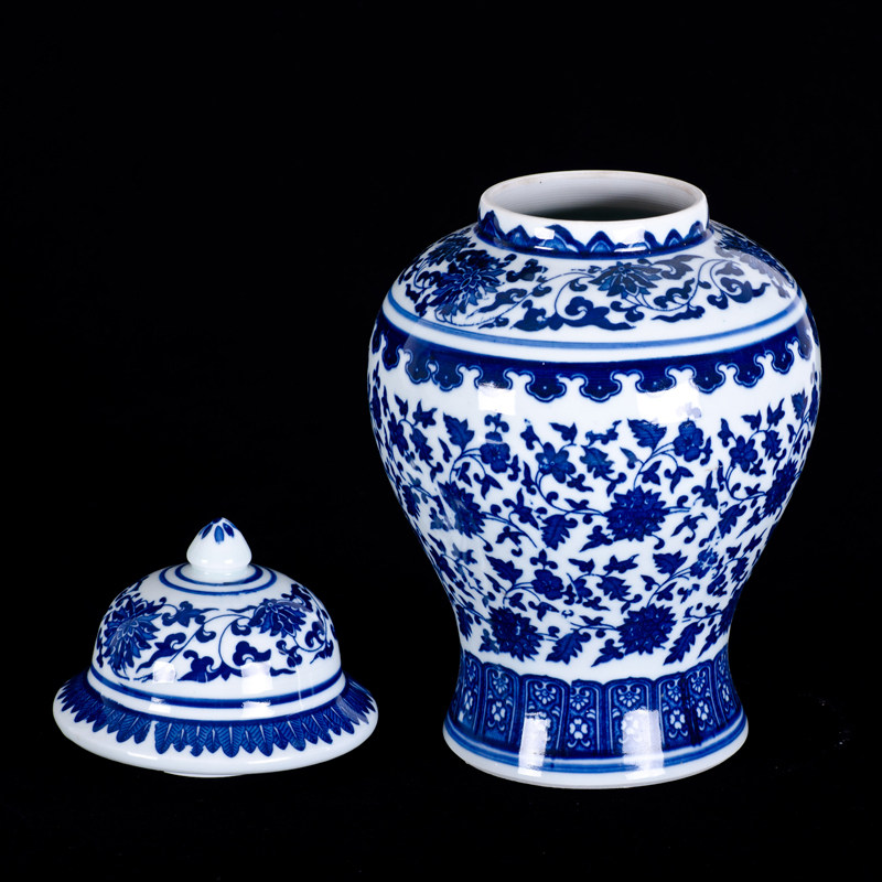 景德镇陶瓷器仿古青花瓷罐子摆件装饰将军罐中药罐坛子茶叶罐带盖