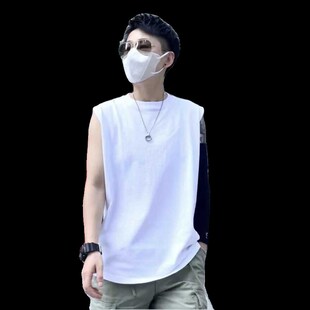 上衣百搭 t恤男女砍袖 帅T小袖 口背心260克重磅白色不漏不透无袖