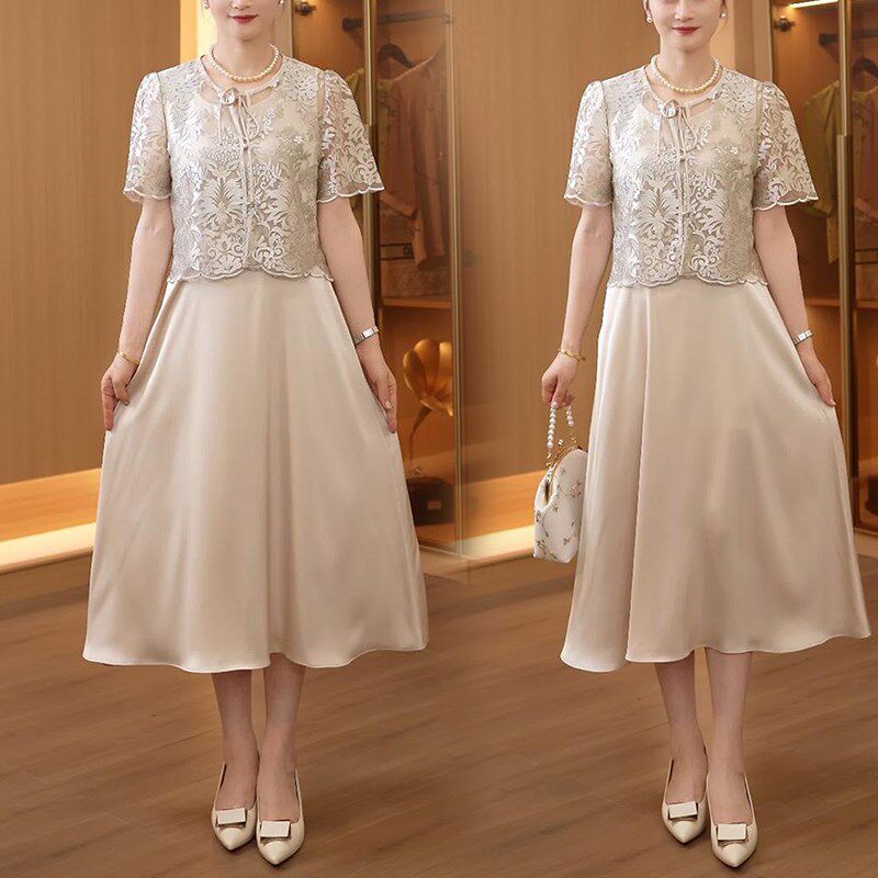 妈妈夏装中老年女洋气新款短袖蕾丝连衣裙50岁高贵显瘦两件套裙子