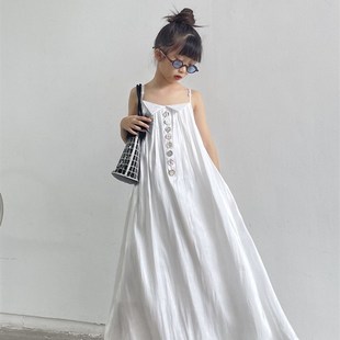 豆丁奇遇儿童黑色中长款亲子装无袖吊带裙贝壳扣白色连衣裙女童夏