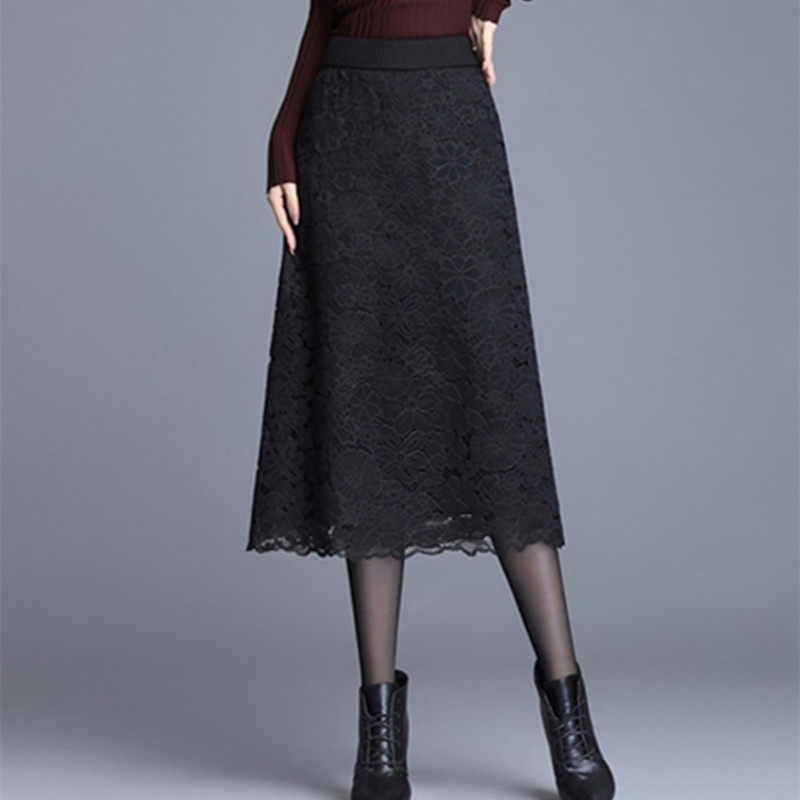 针织蕾丝半身裙女春秋2025新款高腰显瘦毛线中长款a字裙黑色长裙