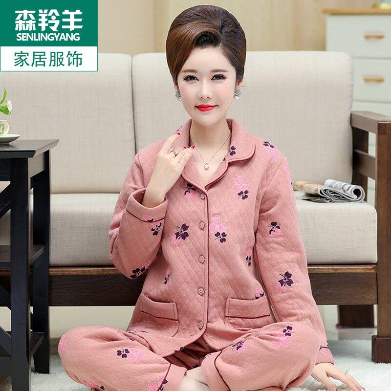 睡衣女士纯棉夹层长袖加肥大码秋冬薄款家居服宽松妈妈薄夹棉套装