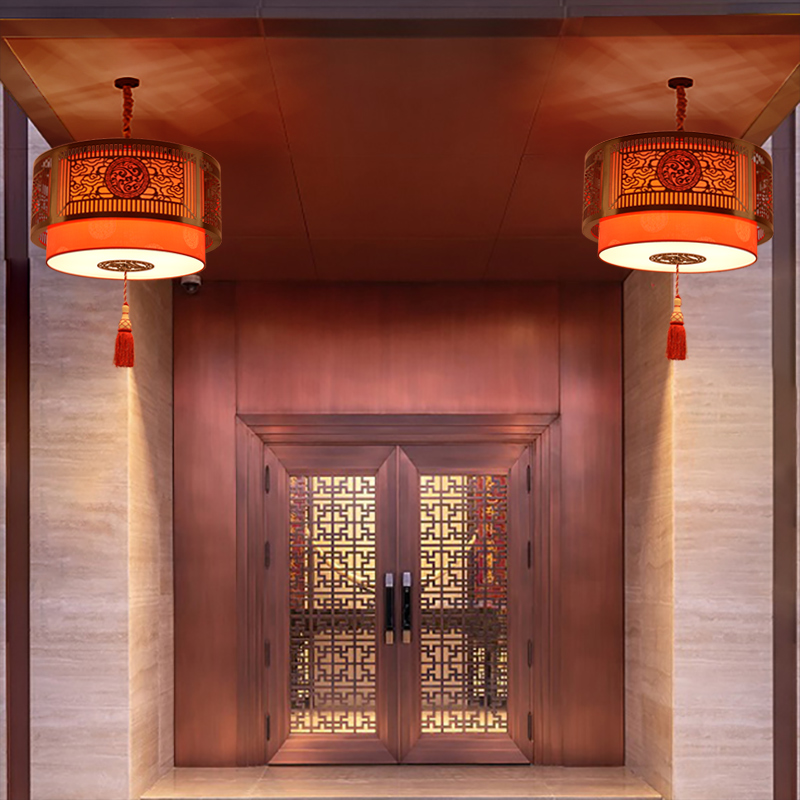 中式仿古吊灯木艺圆形酒店书房餐厅包厢灯具中国风过道门头红灯笼