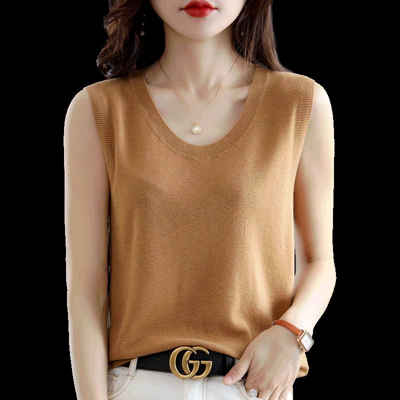 美丽诺羊毛背心女U领薄款无袖女内搭针织打底衫百搭吊带外穿夏季