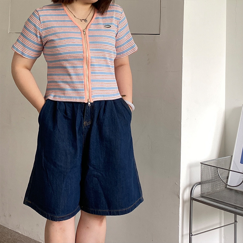 小胖噔牛仔短裤女夏大码薄款高腰胖mm显瘦阔腿bf风宽松a字五分裤