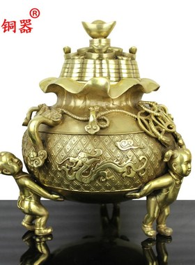 宇卓铜器三童子聚宝盆 纯铜聚宝盆工艺品摆件黄铜聚宝盆