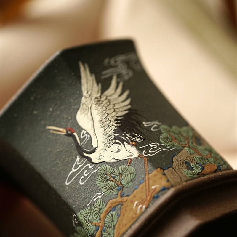 砂壶印象 宜兴紫砂 六方主人杯仙鹤/孔雀随喜木盒底槽青粉浆100cc