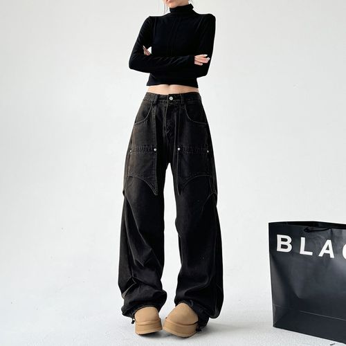 个性都市洗水做旧工装牛仔裤男女美式街头直筒阔腿百搭休闲长裤子