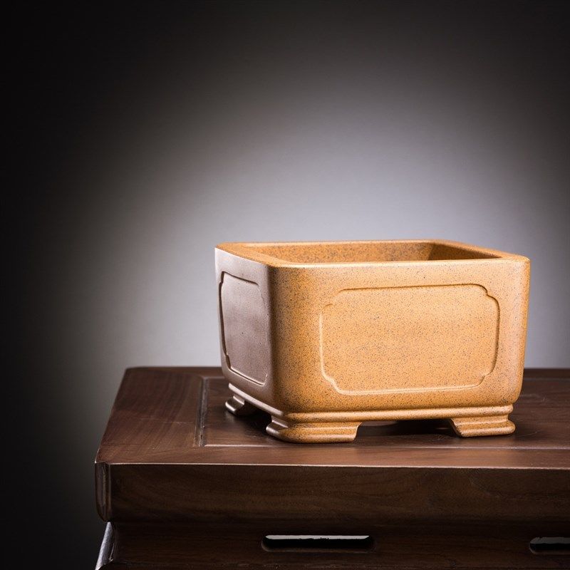 宜兴原矿高档精品中号四方紫砂盆奎面线奎名家冯长根柴烧紫砂花盆