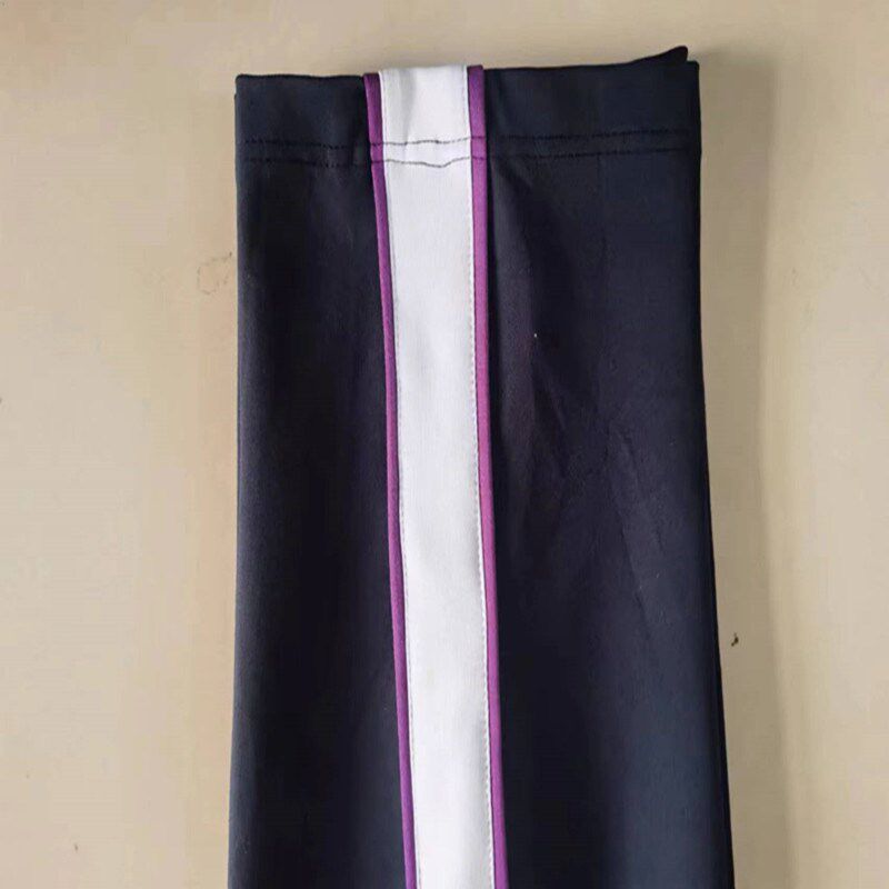定制中小学生春秋新款深蓝色宽白杠拼接细紫杠宽松直筒校服长裤子