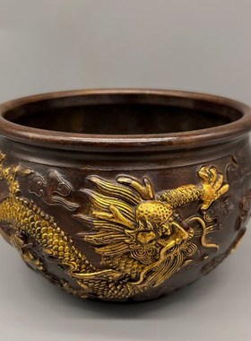 仿古纯铜鎏金双龙戏珠招财缸铜器工艺品家居办公室装饰礼品摆件
