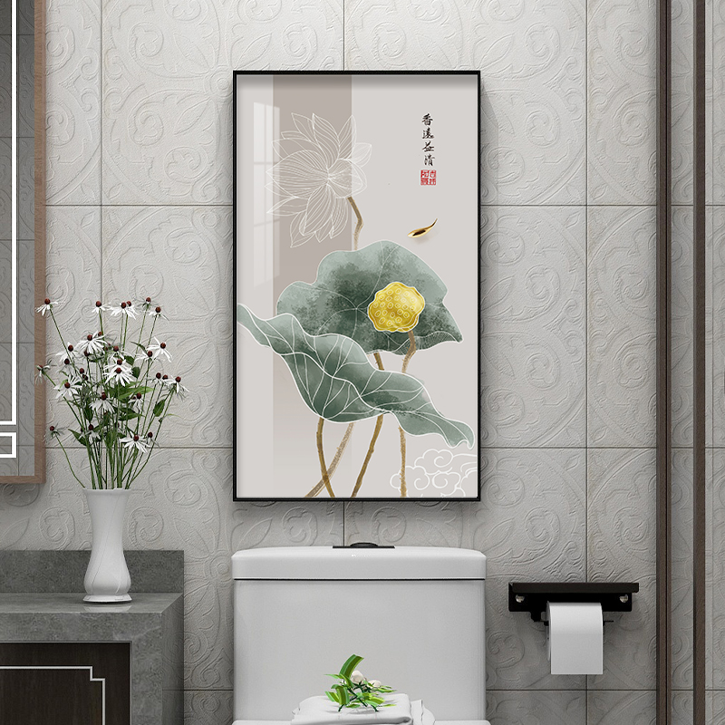 荷花挂画新中式洗手间装饰画卫生间壁画浴室门口防水画免钉免打孔图片