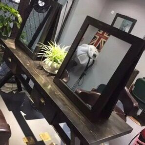 直销6R纯实木美发镜台落地中工理发店桌镜子复古潮款双面发廊可定