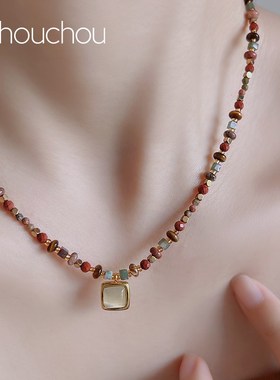 chouchou项链女天然虎眼石串珠饰品复古油画感安可拉红锁骨链秋