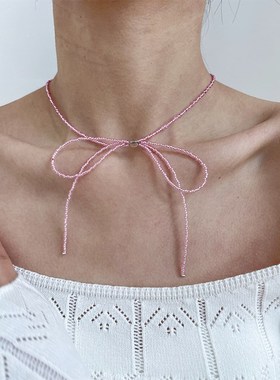 冷淡风气质简约手工串珠蝴蝶结项链芭蕾风多巴胺甜美颈链锁骨链