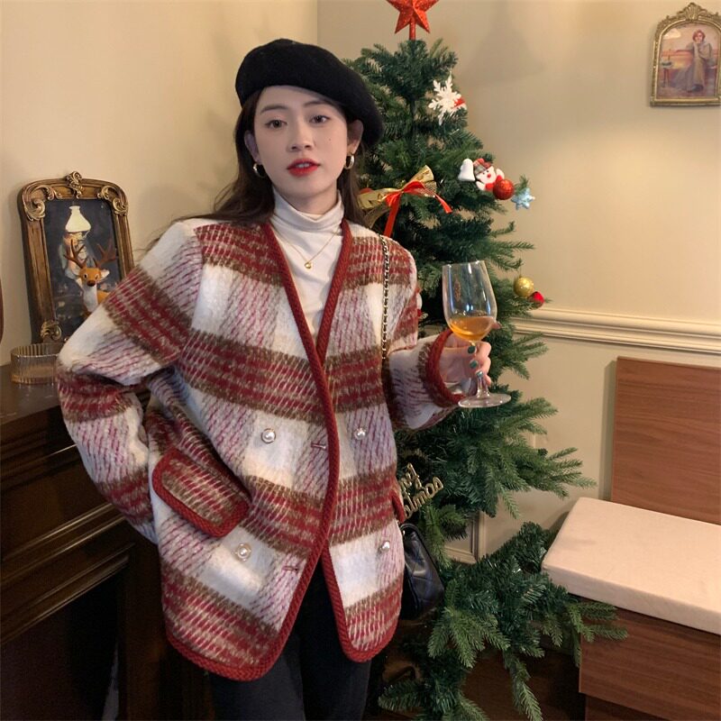 秋装2026大码高级感小香风格子外套女装新款上衣胖mm红色毛呢大衣