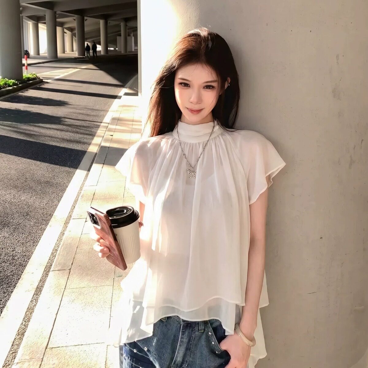 半高立领荷叶边小飞袖雪纺衫女夏温柔减龄不规则宽松显瘦短袖上衣