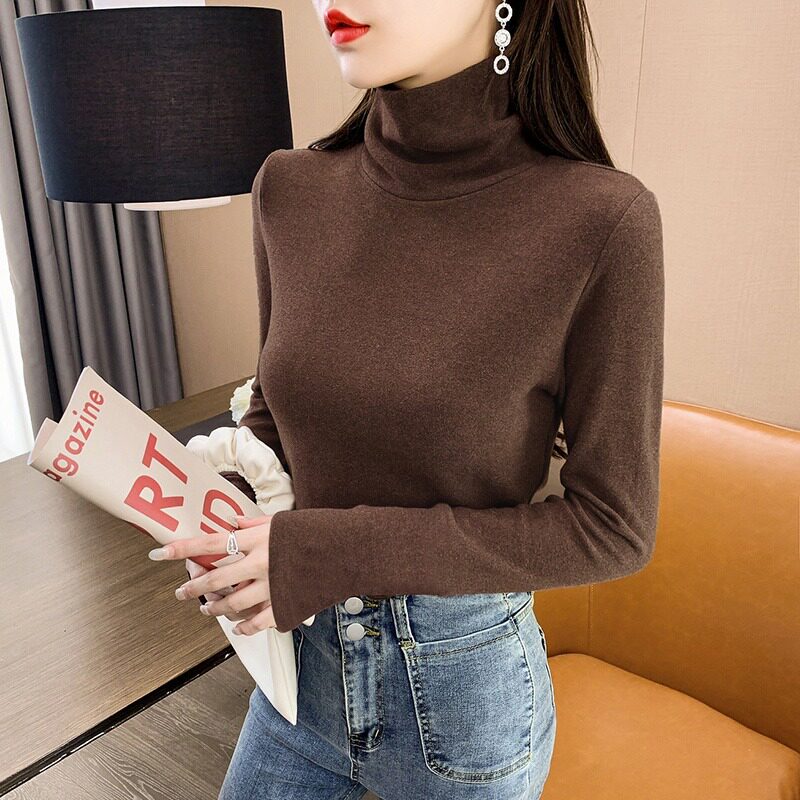 4294实拍螺纹德绒打底衫女内搭秋冬加绒加厚高领堆堆领长袖T恤
