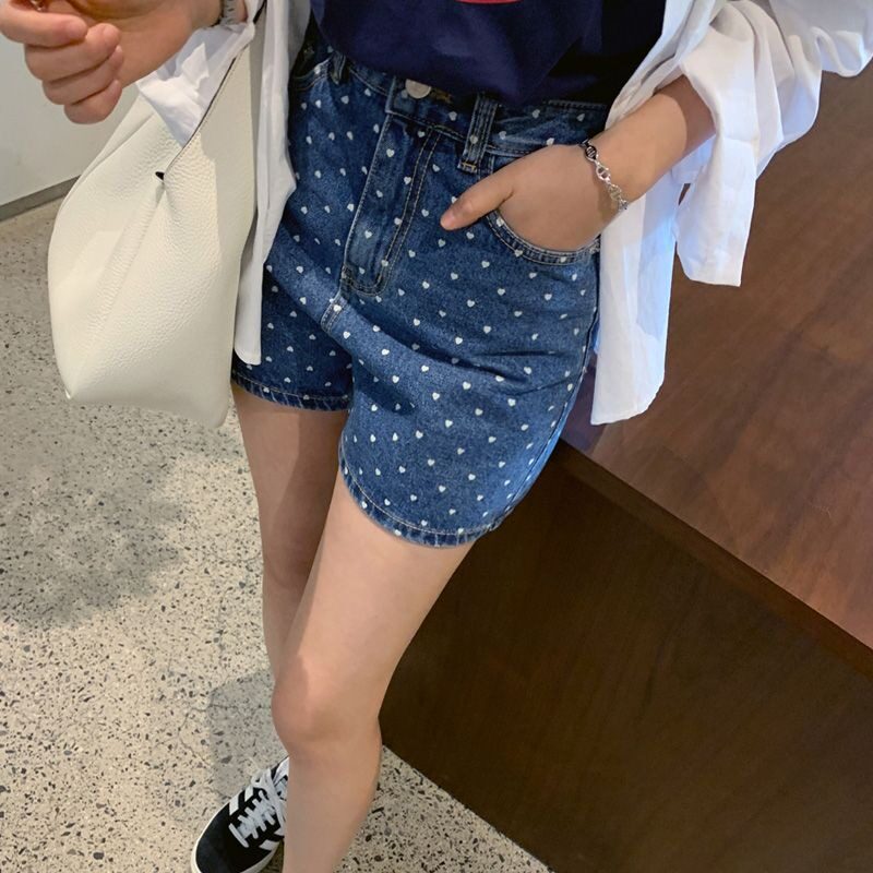 夏季新款chic高腰爱心波点印花A字牛仔短裤热裤女网红阔腿直筒