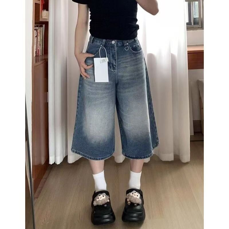 美式阔腿牛仔七分裤女夏季新款宽松显瘦梨形身材直筒短裤