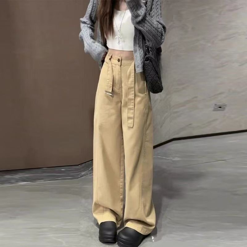 春秋高腰卡其色绑带牛仔裤工装2025新款设计感阔直筒宽松拖地裤子