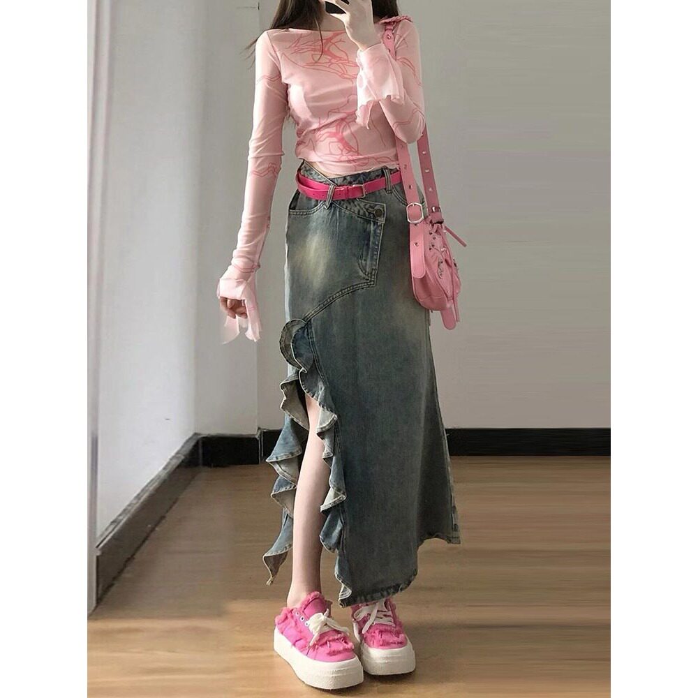 设计感波浪开叉不规则牛仔半身裙女夏季高腰显瘦复古包臀鱼尾裙子