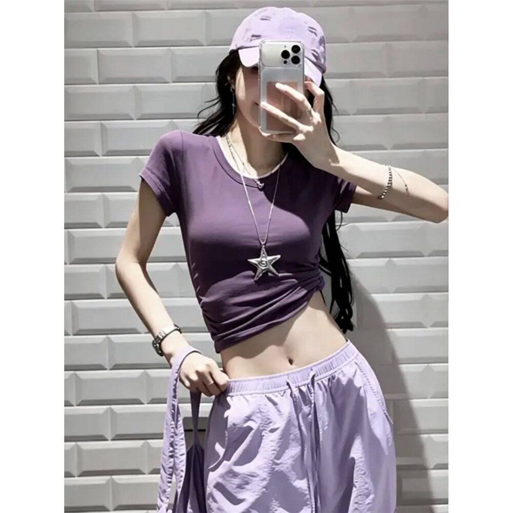 210g92棉8氨纶撞色正肩t恤女夏季新款辣妹修身正肩短袖