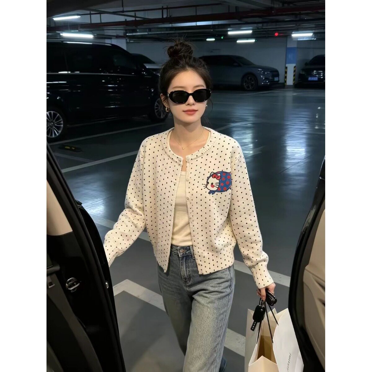 新款波点针织开衫女叠穿