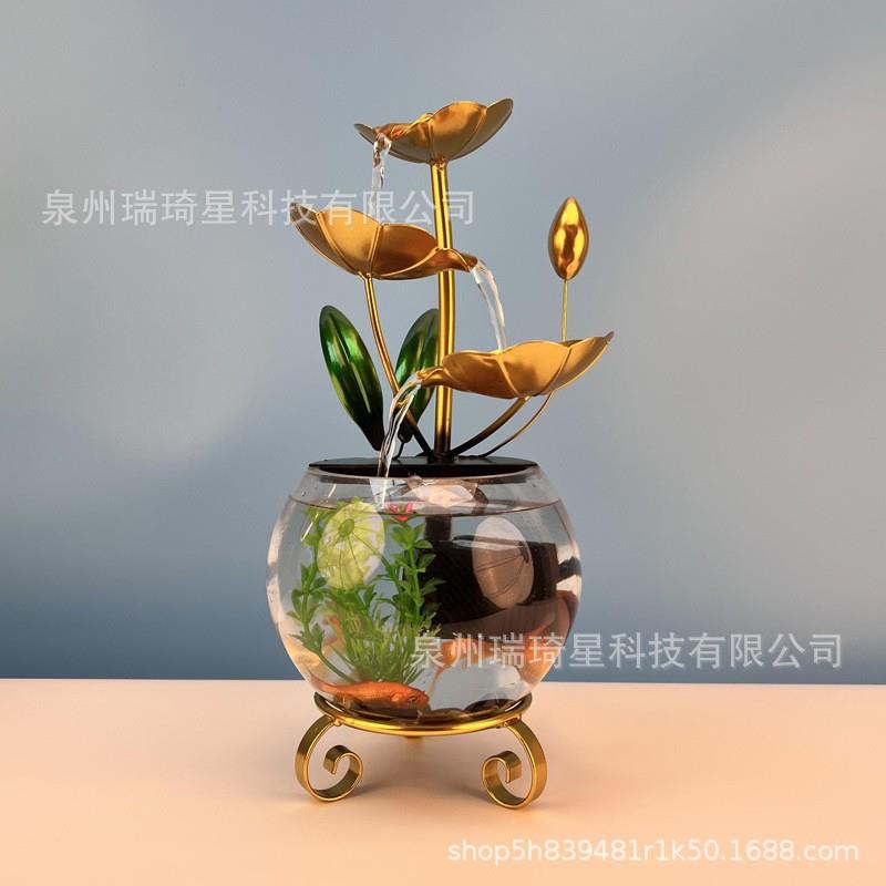 荷花流水摆件花苞蝴蝶款小鱼缸家居桌面铁艺源头工厂水循环礼品荷