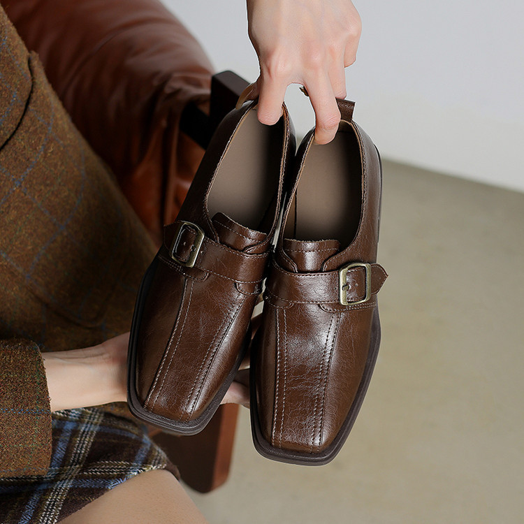 美式学院风~！复古方头皮带扣马克线乐福鞋粗跟中跟黑色小皮鞋女~