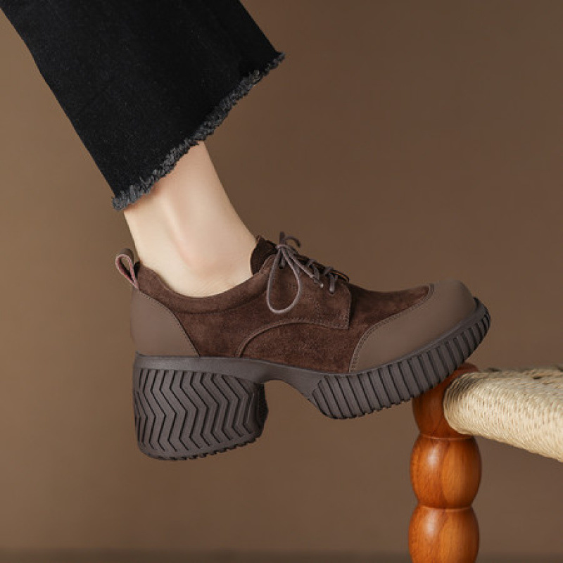 7.5cm英伦风厚底松糕小皮鞋女真皮2025新款秋季高跟坡跟系带单鞋