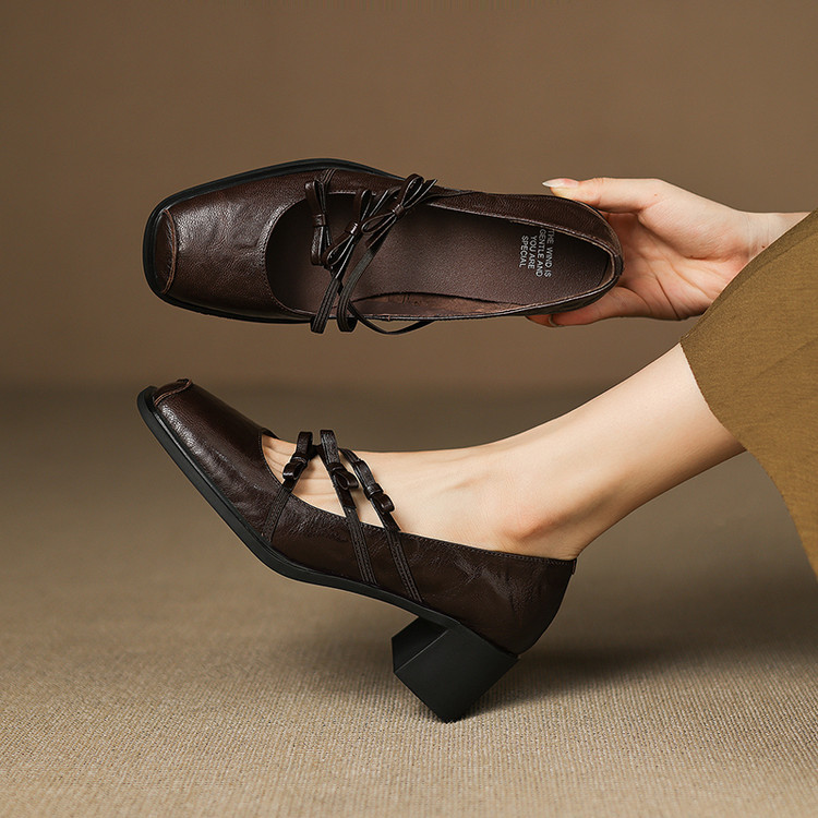 真皮复古方头粗跟玛丽珍鞋女2025新款法式蝴蝶结浅口单鞋