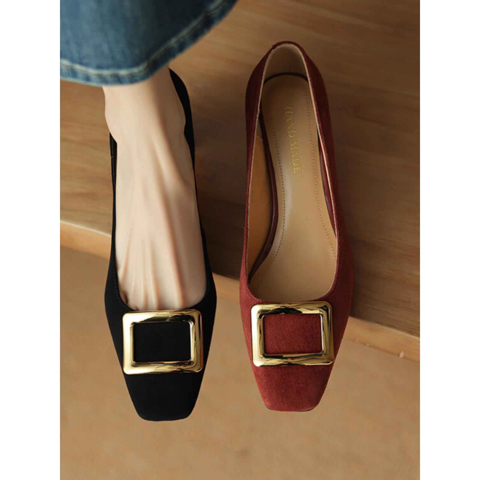 法式优雅方扣浅口单鞋女粗跟2025春夏新款磨砂方头高跟鞋气质通勤