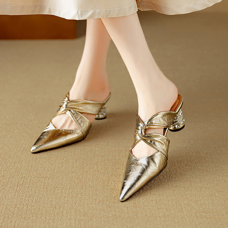 2025新款羊皮尖头包头凉拖鞋女夏季外穿时尚半拖鞋女高跟鞋粗跟新