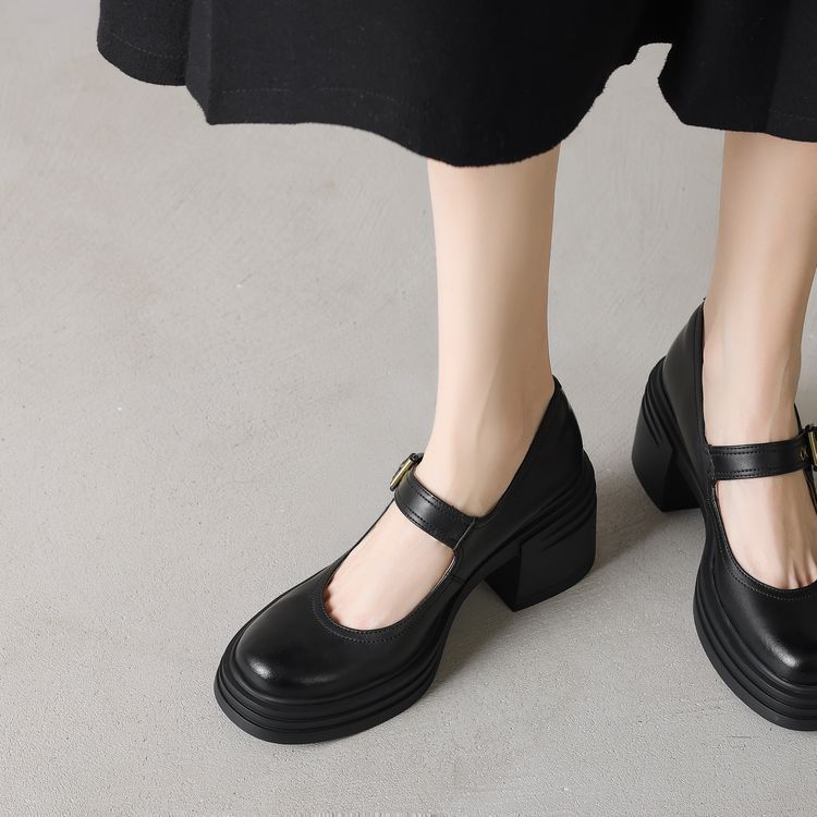 学院风厚底小皮鞋女2025新款真皮圆头浅口粗跟高跟一字带玛丽珍鞋