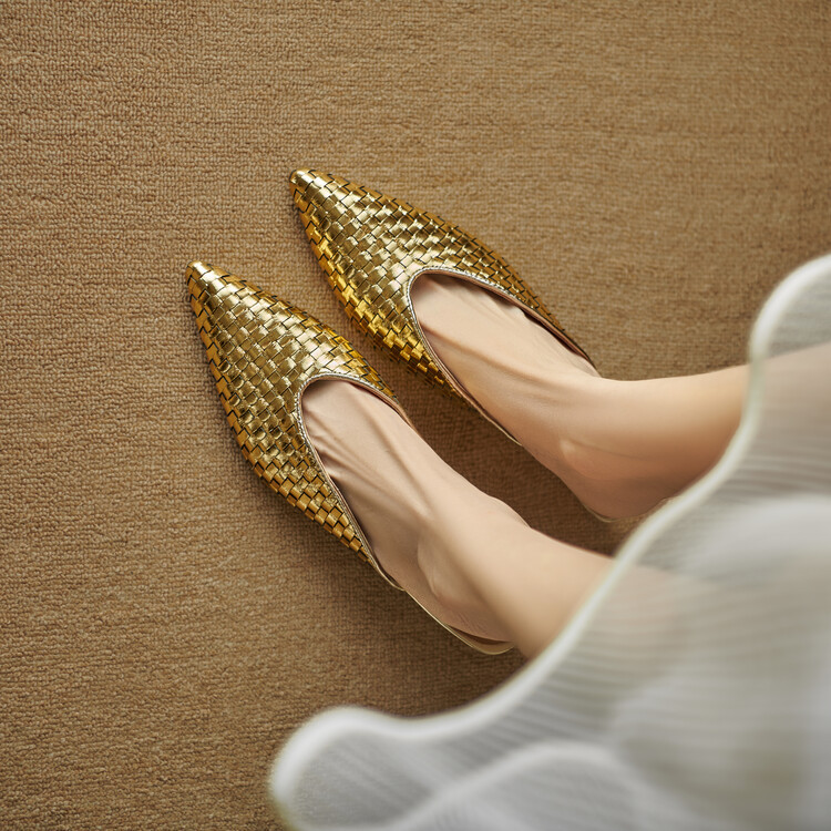 4cm~金色编织包头半拖鞋女夏季外穿气质真皮中跟尖头一脚蹬穆勒鞋