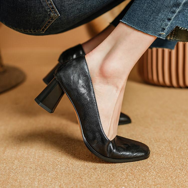 巨好穿法式单鞋女春秋浅口方头中跟高跟鞋粗跟真皮棕色40气质百搭