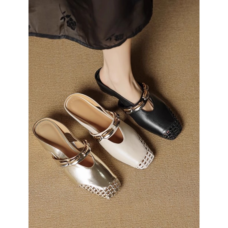 诗宝斐尔 内增高5cm法式编织镂空包头半拖鞋女夏季真皮时尚穆勒鞋