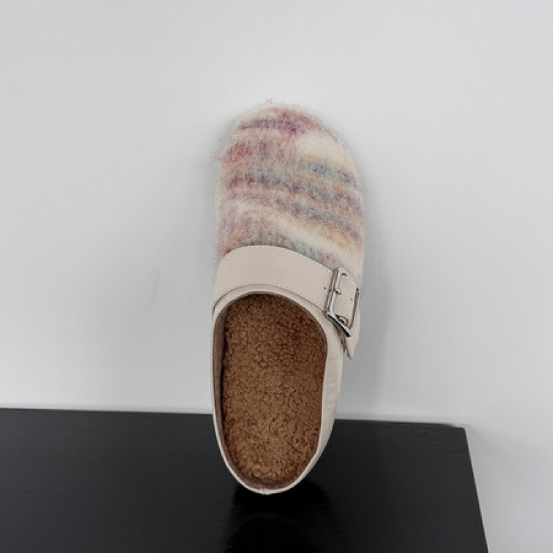 平底加绒勃肯鞋拼色毛毛棉拖鞋女外穿2025冬季新款一脚蹬包头半拖