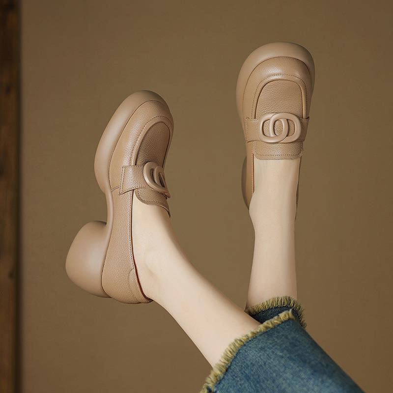 7cm！复古风真皮圆头粗高跟单鞋女2025新款早春一脚蹬厚底乐福鞋