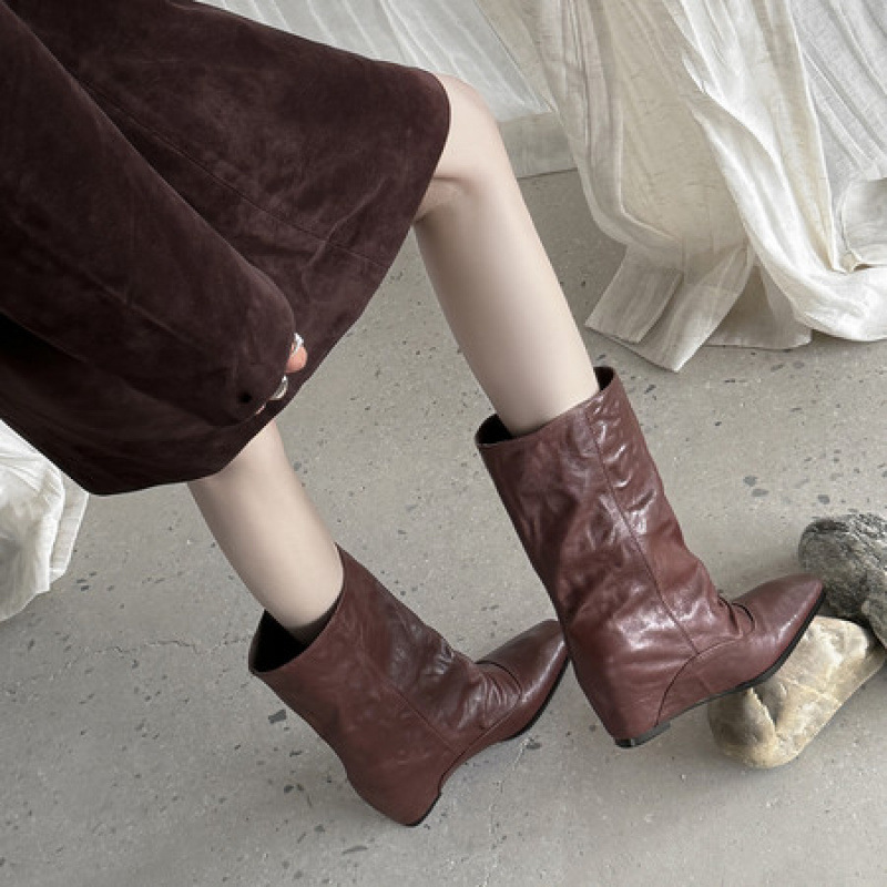 2025经典复古中筒裤管靴女秋冬季高级感小方头套筒百搭短靴显瘦