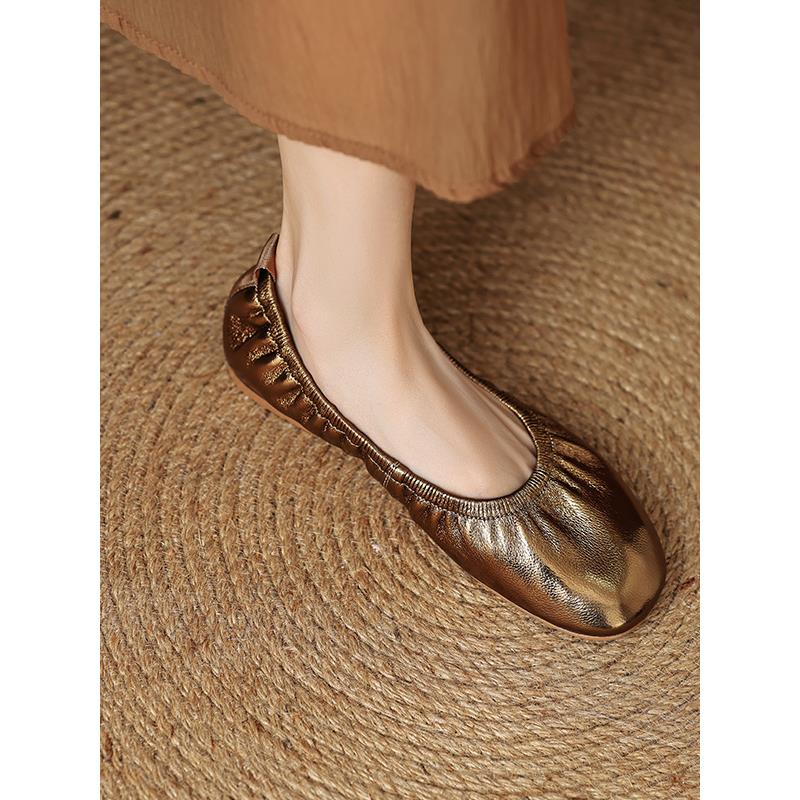 采购产品圆头山羊皮浅口女士平底鞋，软底芭蕾舞蛋卷鞋，柔软的皮