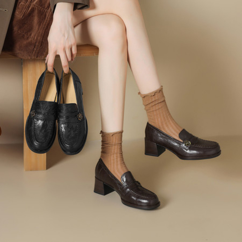 乐福鞋2025春季质感气质头层羊皮方头高跟舒适百搭单鞋英伦风粗跟