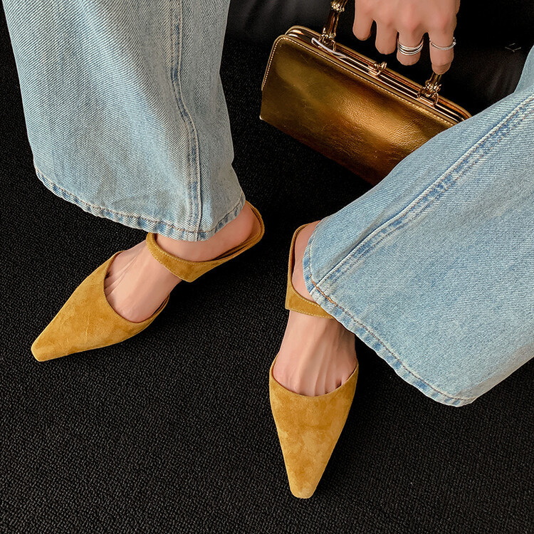 法式中古方头凉拖鞋外穿女夏季配裙子包头拖半拖穆勒鞋黑色单凉鞋